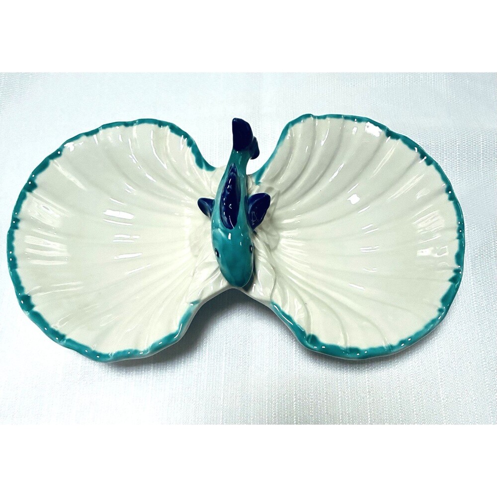 Vietri Scalloped Seashell Fish Double Bowl White Turquoise Made In Italy 9370/26